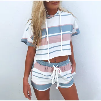 

Summer Striped Print Women's Two Piece Set Casual Shirt And Shorts Women Tracksuit 2020 NEW Elegant Sexy Suits Outfit Sportswear