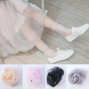 

2020 Women Girl Socks Fashion Summer Cute Thin Lace Floral Mesh Heap Socks Moon Stars Five-pointed Star Short Ankle Socks
