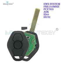 Remtekey 3 Button Remote Key EWS System For BMW X3 X5 Z3 Z4 1 3 5 7 Series 315MHZ PCF7935 (ID44) Chip HU92 Blade car key stenzhorn 433mhz remote key fob 3button for bmw ews x3 x5 z3 z4 1 3 5 7 series 2002 2003 2004 2005 with hu92 blade without chip