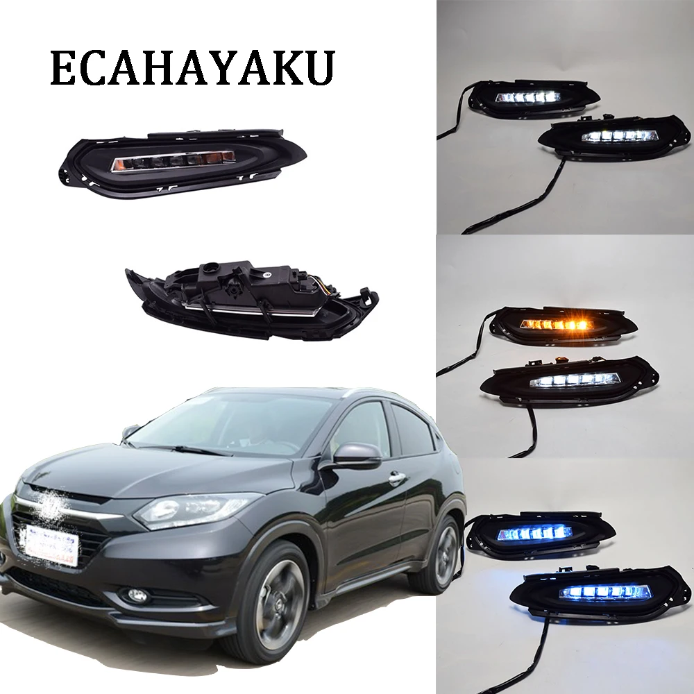 

ECAHAYAKU 1 Pair Car Styling LED DRL Daytime Running Light for Honda Vezel 2014 2015 with Yellow Turn Signal Light Night Light