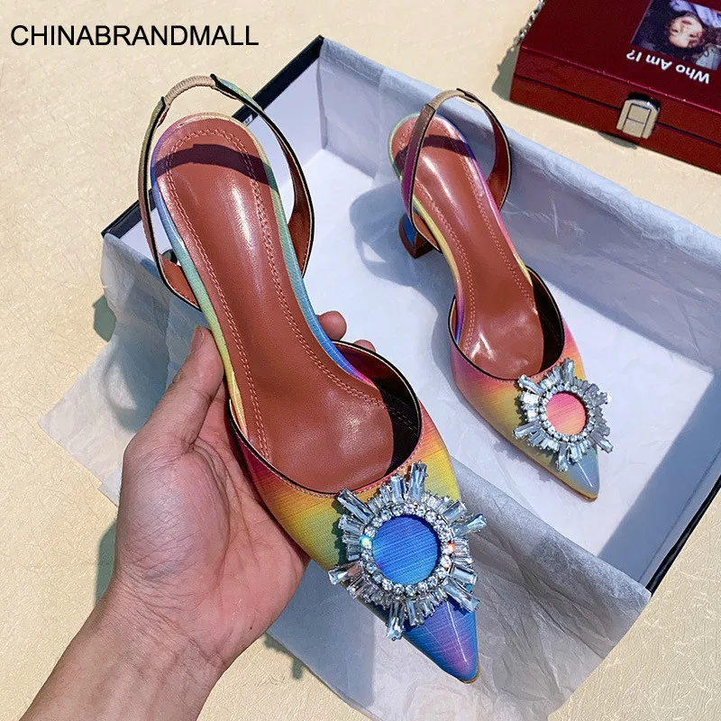 

NEW Sandals Women CRYSTAL Sun flower Thin High Heels Sandals Vintage Pointed end Elegant Back Strap Ladies Shoes Size 42