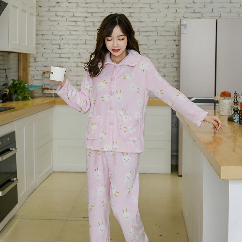 

New Autumn And Winter Pajamas Ladies Adult Cute Cartoon Animal Rabbit Pattern Pajamas Warm Comfortable Ladies Home Service Suit
