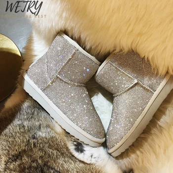

2020 Bling Crystals Women Warm Fur Snow Boots Handmade Shiny Rhinestones Diamonds Flat Ankle Boots Winter Shoes