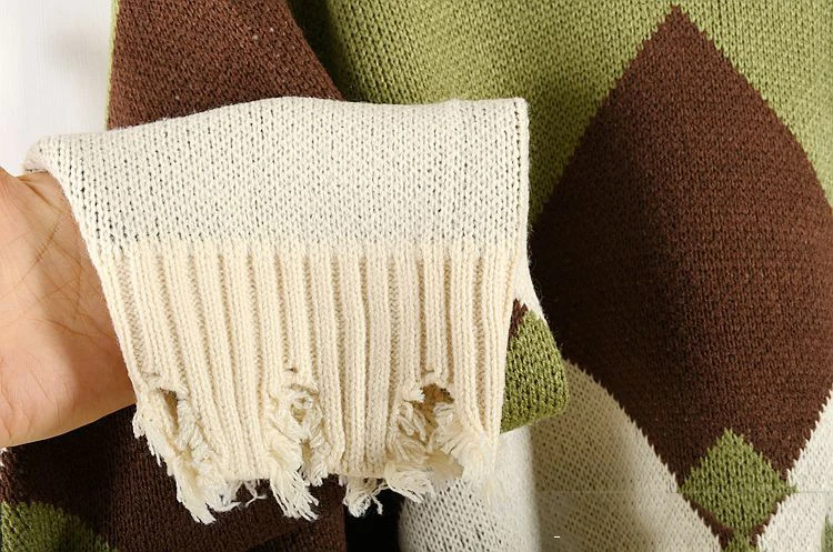 New Fashion Autumn Winter Round Neck Long Sleeve Geometric Printed Pullover Loose Knitting Sweater Women N754
