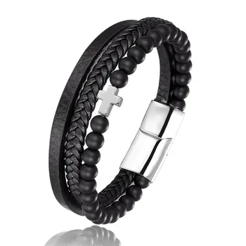 

Trendy Natural Stone Material Christ Cross Women Men Prayer Bracelet Leather Woven Beaded Fashion Bracelet Jewelry Gift