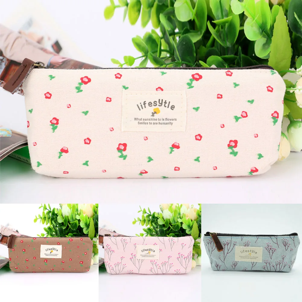 

1 Pcs Vintage Cute Floral Flowers Canvas Zipper Pencil Cases Lovely Fabric Flower Tree Pen Bags School Supplies Office Organizer