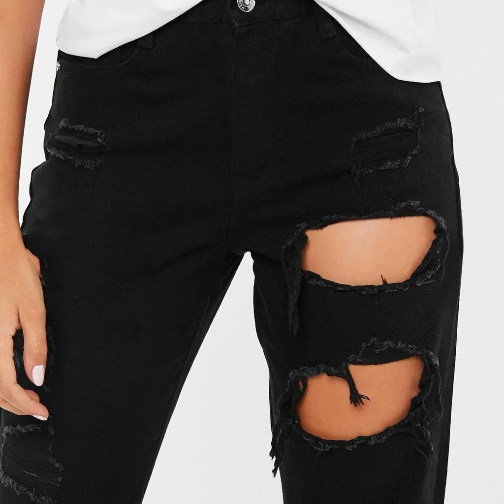 Рваные джинсы для женщин с высокой талией и дырками, Стрейчевые уличные леггинсы облегающие штаны для фитнеса, черные джинсы размера плюс Wome