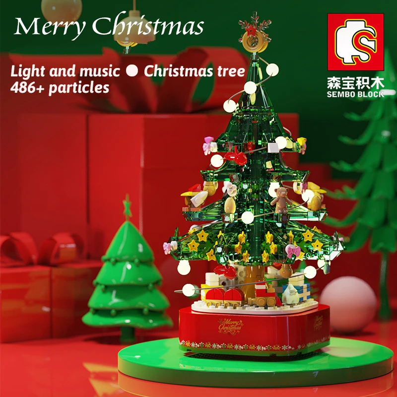 

601097 Christmas Tree Building Blocks Rotating Lights Street View Music Box Rotating Toys Holiday Gifts for Children 486PCS