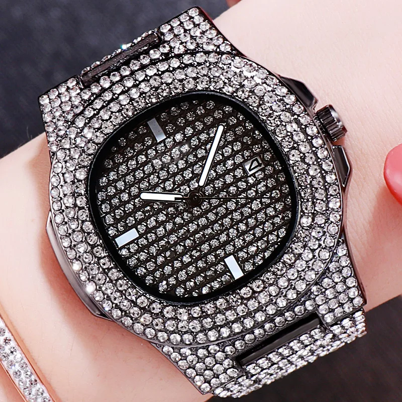 

Gold Three-Color Quartz Watch Fashion Square Stars Set Steel Belt Watch Man-made Diamond Calendar Watch Ladies' Watch