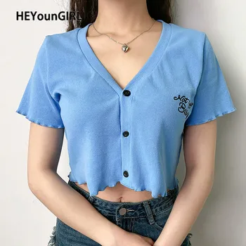 

HEYounGIRL Embroidery Letter V Neck Cotton Tshirts Women Casual Korean Crop Top T Shirt Ladies Ruffles Short Sleeve T-shirt 2020