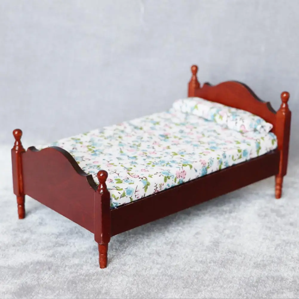 1/12 Retro Wooden Single Bed with Sheet Model DIY Dollhouse Decor Accessory New |