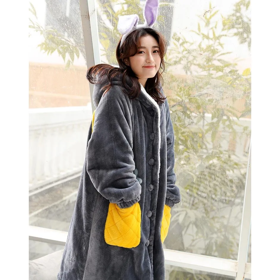 

Autumn Winter Women Flannel Nightgown Long Sleeve Coral Fleece Hooded Sleepwear Girls Pineapple Night Dress