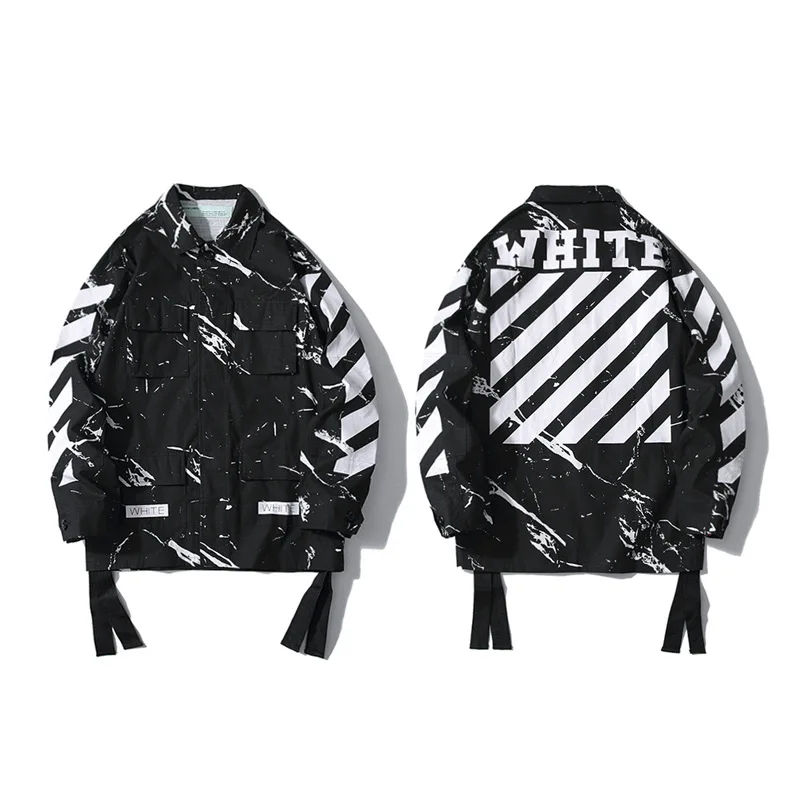 

Europe And America 19ssoff Ow White Marble Ribbon Graffiti Arrowhead Jacket Men's Workwear Loose-Fit Shirt Coat
