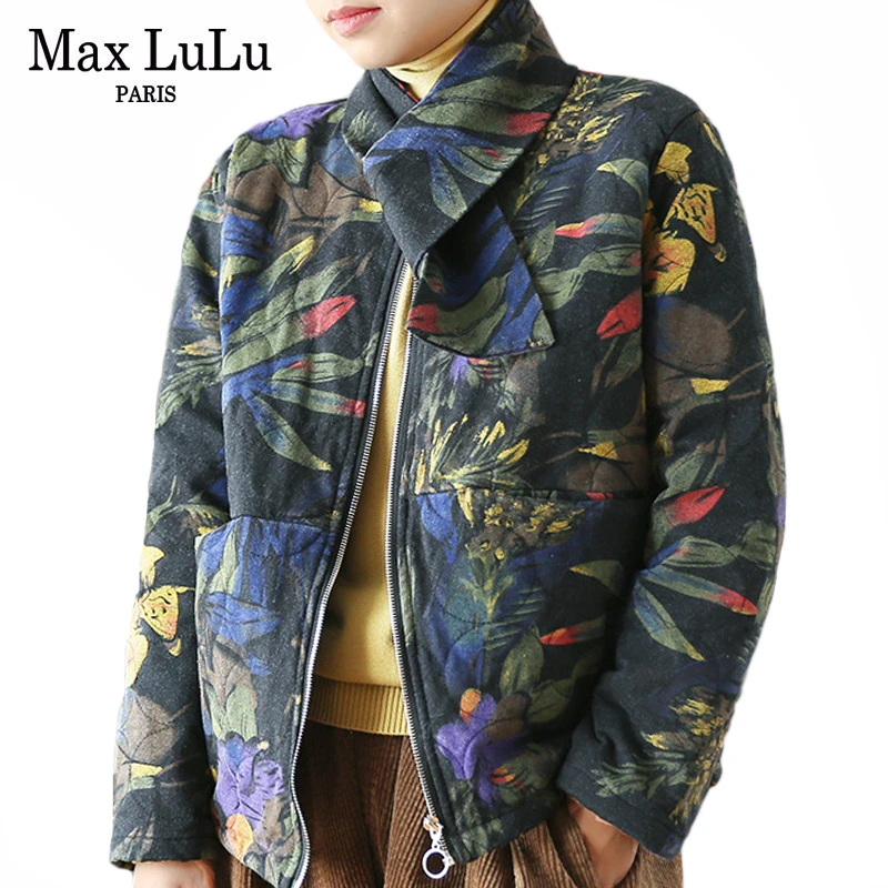 Max LuLu/Новинка, модная Корейская женская уличная Готическая зимняя куртка с цветочным принтом, свободные стеганые пальто, винтажные парки