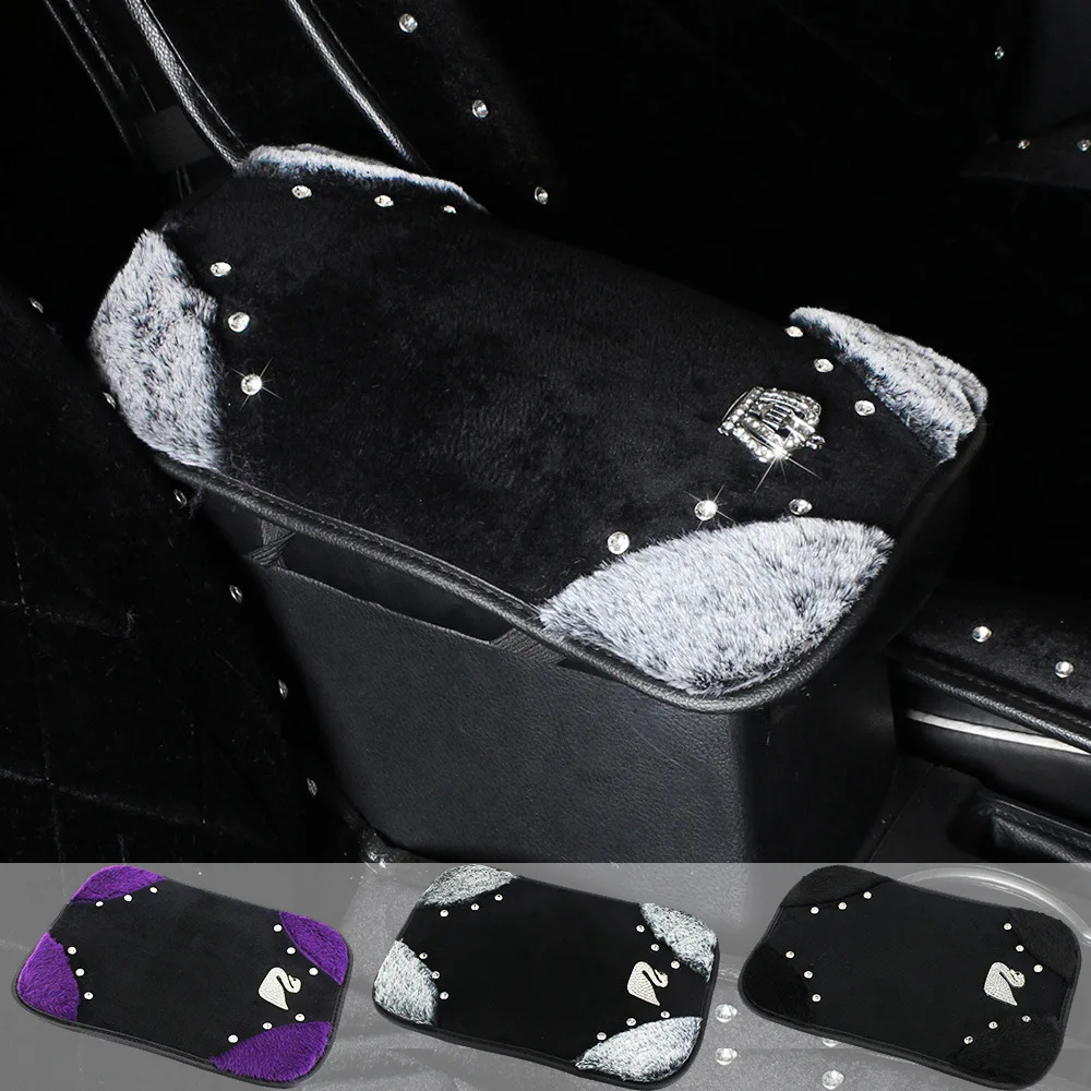 

Plush Fur Car Armrests Cover Pad Crystal Crown Dimaond Vehicle Center Console Arm Rest Box Cushion Covers Protector Bowknot