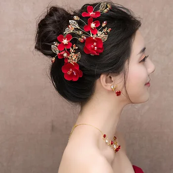 

2pcs Bride Red Rose Flower Headband Hair Clips Head Band Wedding Pearl Headbands Gold Leaf Hairpins Women Pearl Headpiece ML897