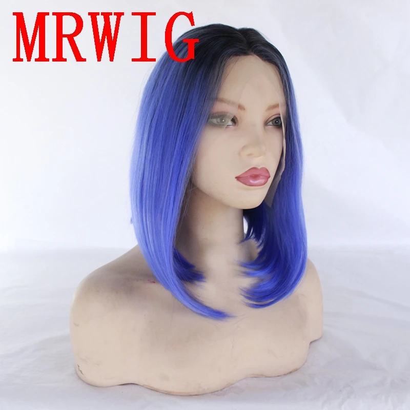 MRWIG 12 дюймов короткий боб прямой черный Омбре зеленый/синий/серый/смешанные со светлыми синтетическими бесклеевой передний парик женщина