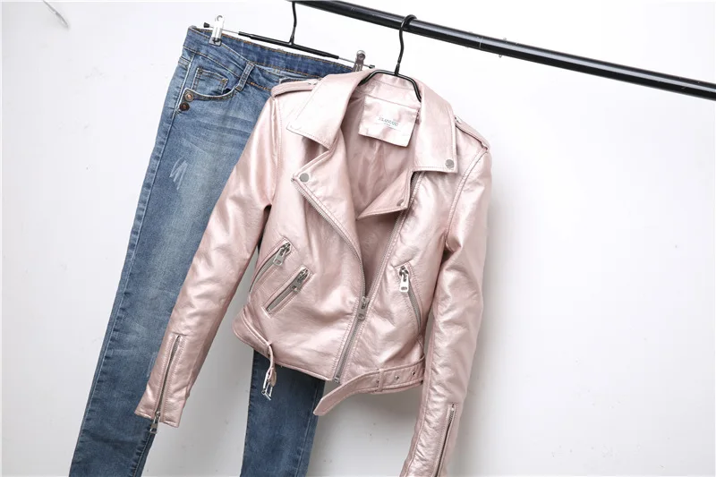 pink colour LANMREM новая осенняя и зимняя куртка с отложным воротником и длинными рукавами на молнии из искусственной кожи с коротким поясом WJ08312L - Цвет: pink colour