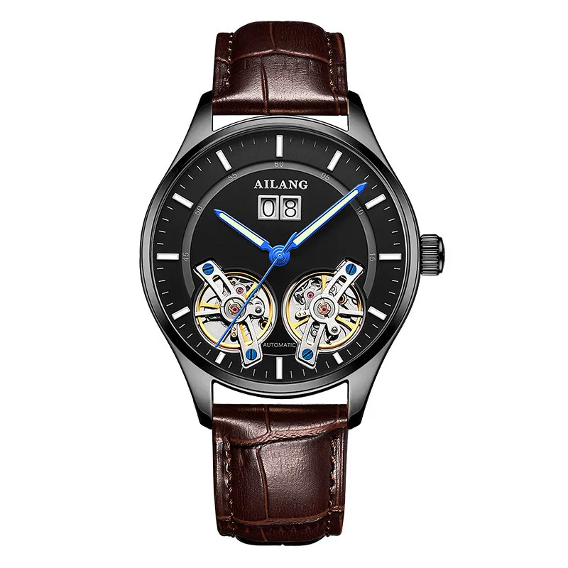 AILANG Роскошные двойные Tourbillon Мужские часы модные деловые светящиеся наручные часы Мужские часы автоматические механические часы Relojes - Цвет: Leather 03