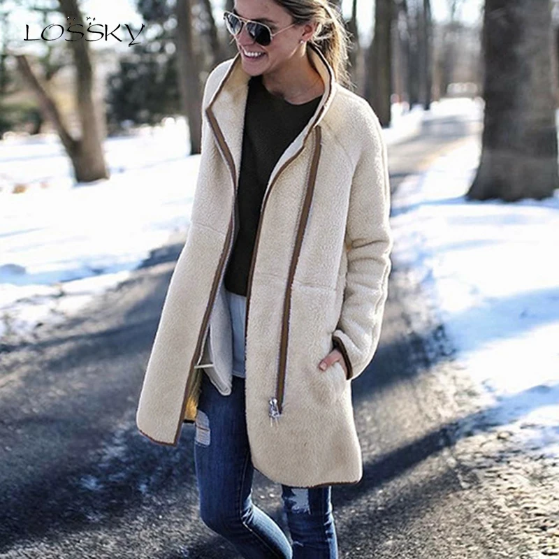 En Ligne Lossky laine mélange femmes à manches longues couture automne hiver Long manteau col roulé fermeture éclair chaud en peluche Outwear Streetwear Feminino