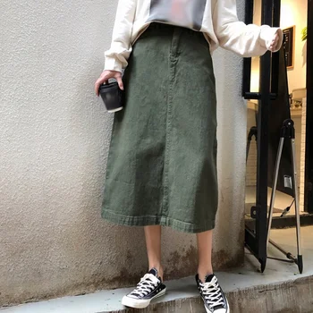 

Casual Long Jeans Skirt Ladies Green Denim Skirts Womens Summer High Waist Plus Size Split Pockets A-line Midi Skirt faldas