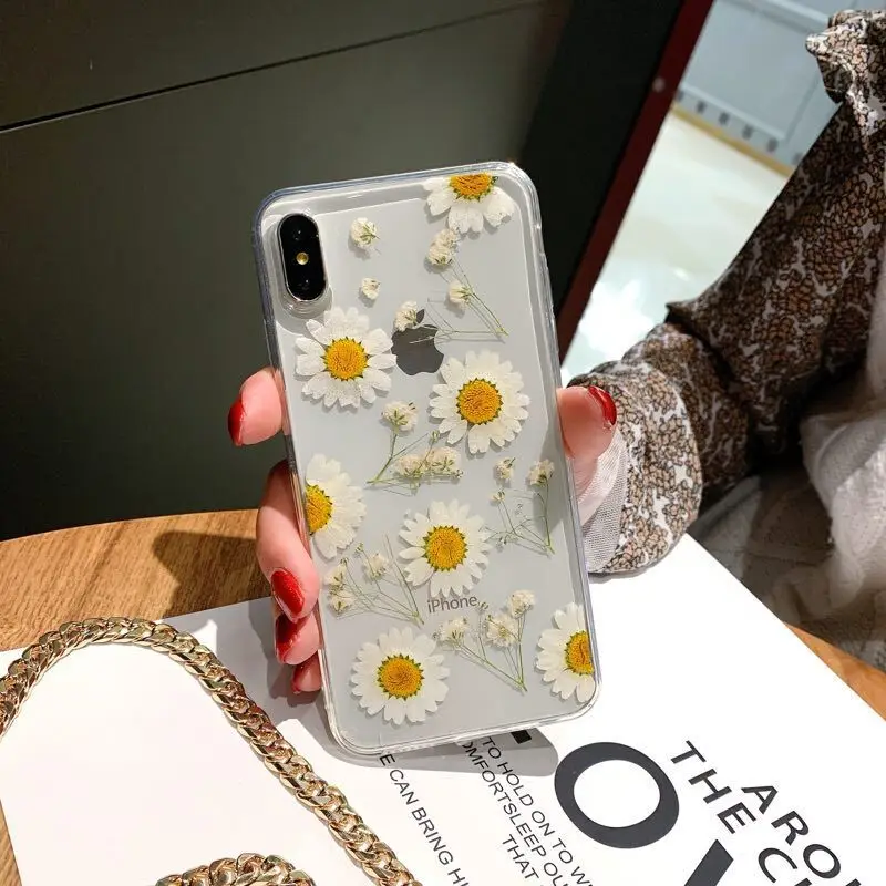 Настоящие сухие цветы чехол для телефона для iPhone X XR XS Max 7/8 8 Plus ручной работы телесный цветок мягкий прозрачный ТПУ чехол для телефона - Цвет: 3