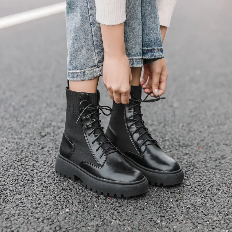 Winter Women Leather Boots Size 35-40 Flat Platform Boots Women Shoes Winter Fur Fashion Round Toe Lace-up Leather Boots*1933