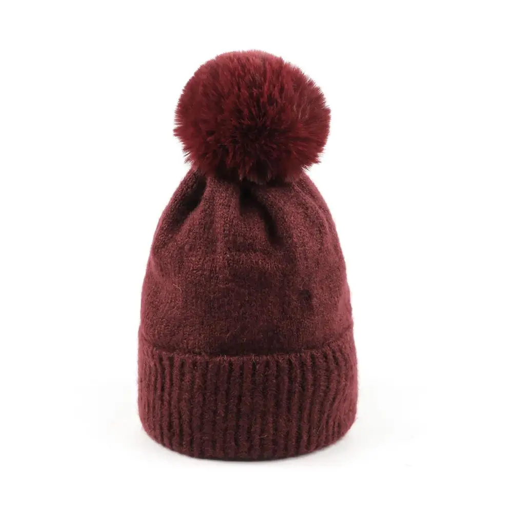 

Women Wine Cashmere Beanie Warm Soft Ivory Faux Fur Pompom Winter Hat 2020 New Girls Knit Slouchy Hat
