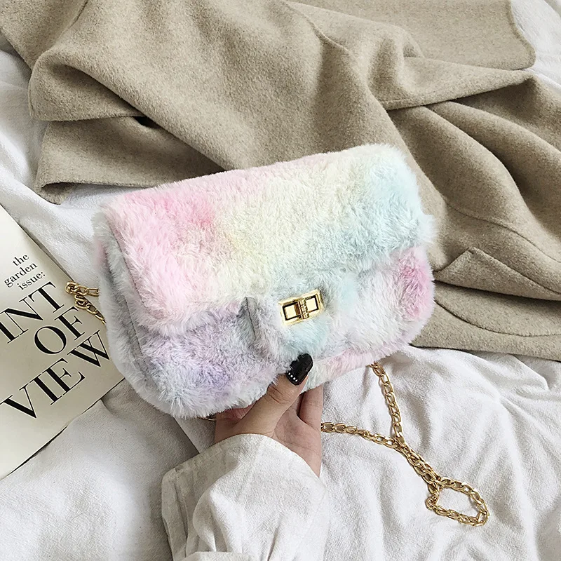 

rainbow fur women messenger bag 2019 winter new fashion velvet brand design small square crossbody bag plush chain shoulder bag
