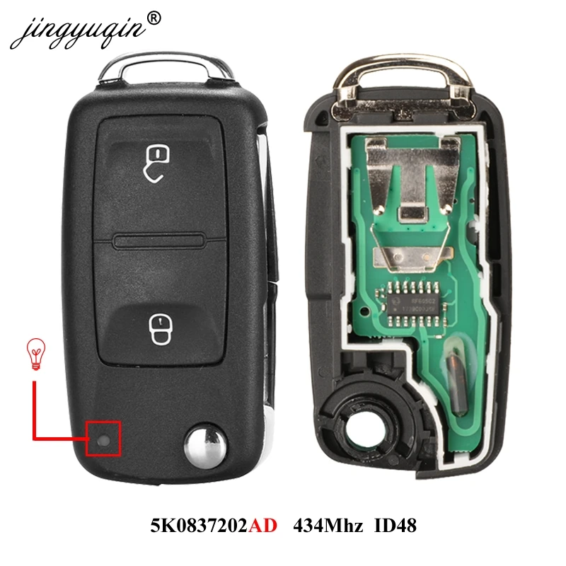 

jingyuqin 10pcs 2 Buttons Flip Remote Car key 5K0 959 753 AD 434MHz for VOLKSWAGEN VW Amarok Transporter 2011-2016 ID48 chip