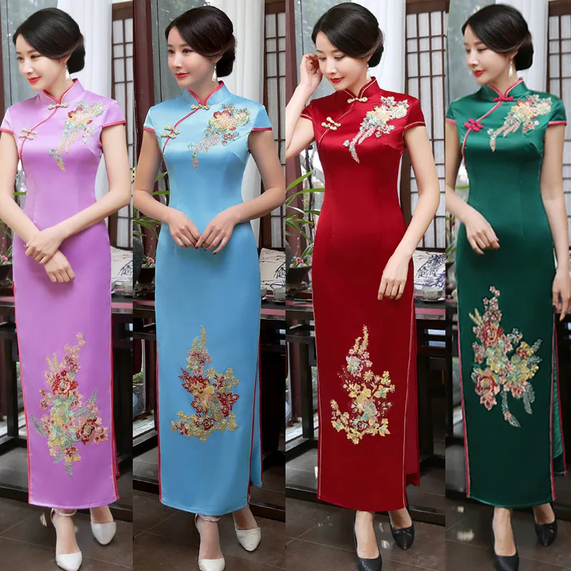 Мода 2018 moedern Cheongsam долго Qipao красный Традиционный китайский Стиль весеннее платье Вечерние платья Oriental Воротники