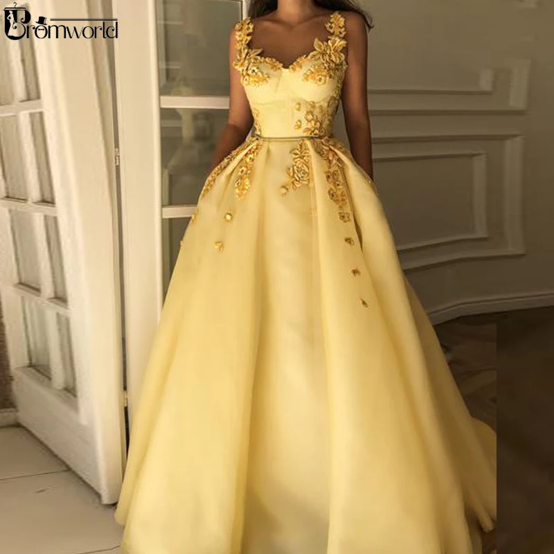 Yellow Muslim Formal Dress 2021 Sweetheart Flower Straps Islamic Dubai Saudi Arabic Long Elegant Evening Gown Prom Dresses | Свадьбы и