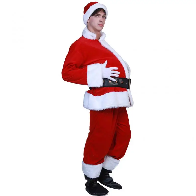 Adult Christmas Santa Claus Costume Man Belly Hohoho Snowman Cosplay Clothes Set Beard Hat Belt Bag Decoration Dancing Outfit