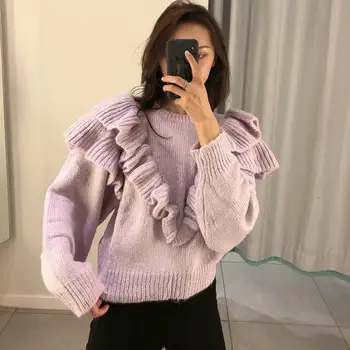 

Vintage Stylish Ruffles Short Style Knitted Sweater Solid Women 2019 Fashion O Neck Long Sleeve Sweet Pullovers