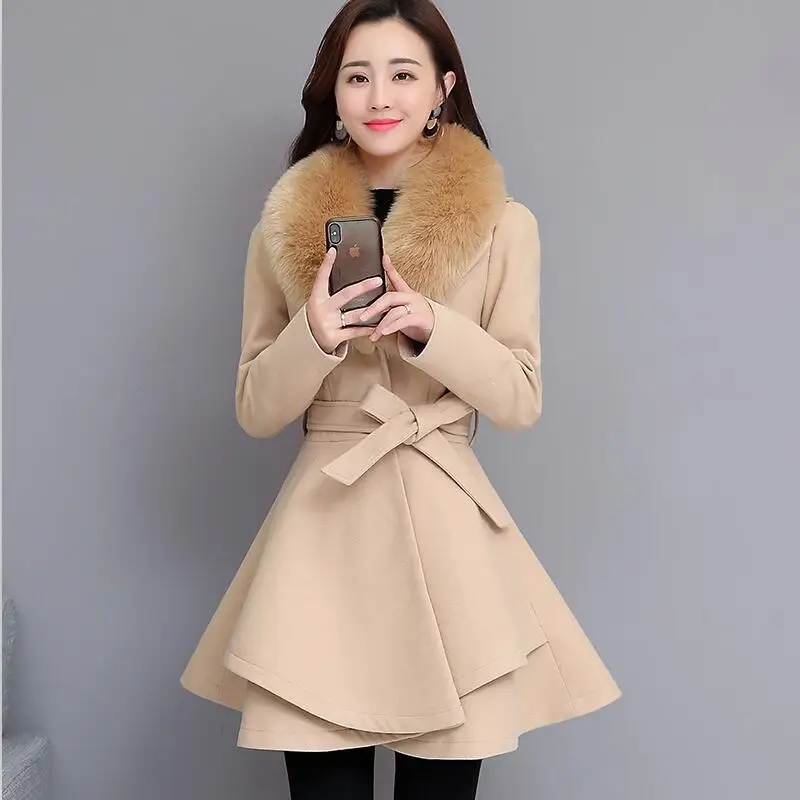 #*Cheap Winter Women Cashmere Coat 2020 New Winter Woolen Jacket Women Long Slim Big Fur Collar Thickening Warm Coats Female Jackets