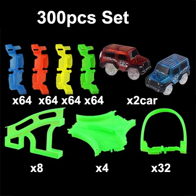 300pcs with 2cars Светящиеся магические гоночные рельсы автомобильные игрушки для детей DIY сборка изгиб гибкие гоночные треки со вспышкой автомобиля - Цвет: 300pcs with 2cars