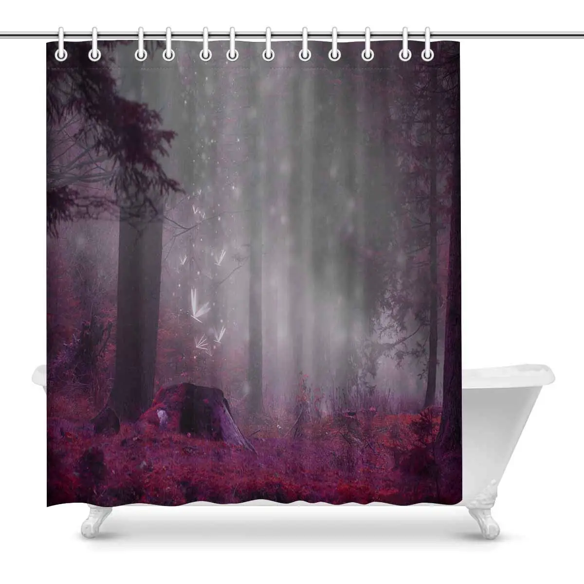 

Fairytale Forest Scene with Magic Fireflies Foggy Surreal Forest Waterproof Shower Curtain Decor Fabric Bathroom Set with Hooks,