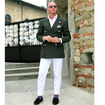 

New Men’s Suit Smolking Noivo Terno Slim Fit Easculino Evening Suits For Men Green Double Breasted Jacket Groom Peaked Lapel Tux