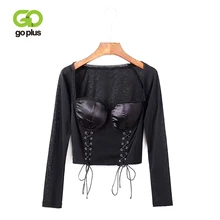 GOPLUS 2019 Spring Women Black Gothic Vintage Square Neck T Shirt Side Lace Up Slim Tops Low Cut Long Sleeve Tie Up Tees C7197