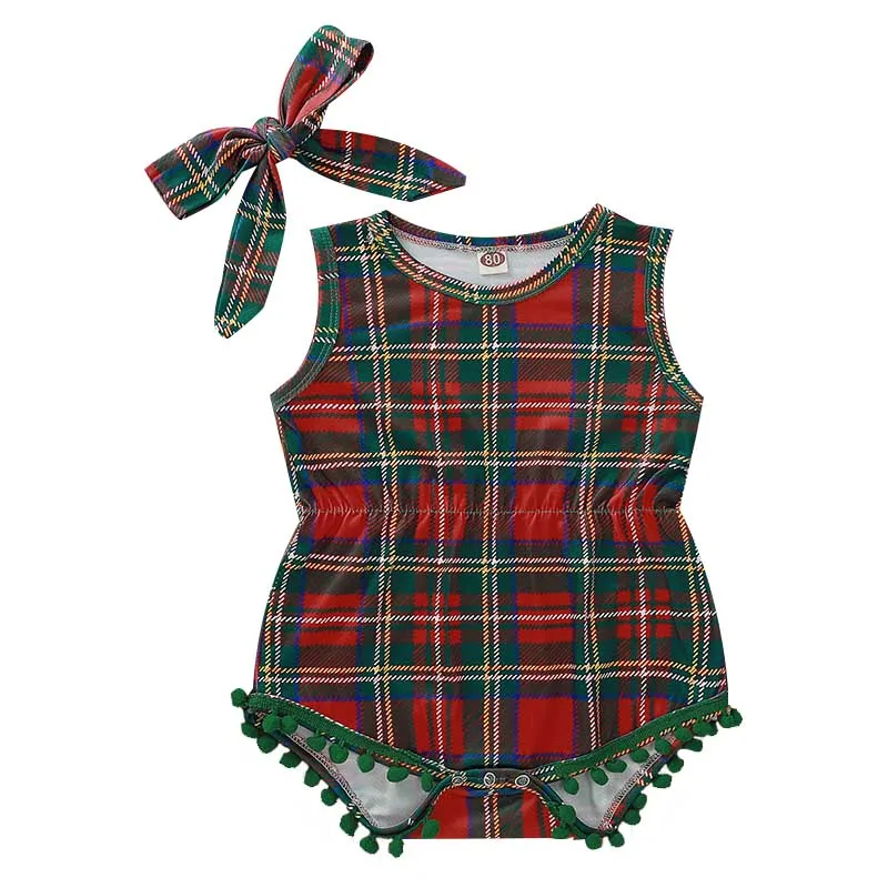 

Two Pieces Baby Girl Christmas Long Sleeve Romper New Cotton Plaid Print Sleeveless Bow Headband Romper