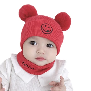 

Baby Winter Warmer Scarf Smile Print Hat With Ball Design Infant Collar Letters Scarves Neckerchiefs Headwear Set Baby Scarf