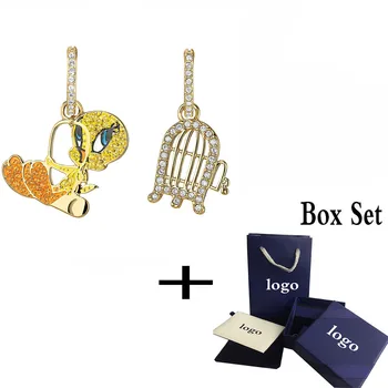 

New LOONEY TUNES Series Childhood Nostalgic Yellow Canary And Bird Cage Pattern Crystal Ladies Fashion Jewelry Earrings