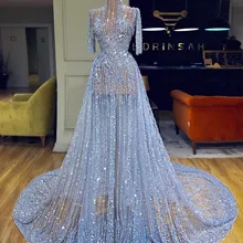 Блестящее кружевное платье для выпускного вечера платья небесно-голубого цвета с высоким воротом с короткими рукавами вечернее платье с пайетками прозрачная праздничная одежда Праздничное платье