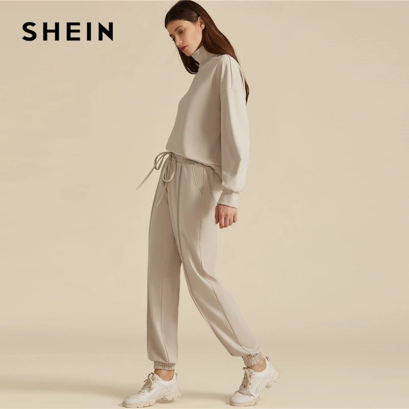 Tanie SHEIN Khaki jednolity wysoki dekolt bluza i ściągany sznurkiem w pasie Sweatpant komplet garniturów jesień odzież sportowa opuszczane ramiona strój codzienny