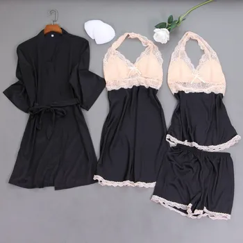 

Kimono Bathrobe Gown Women Satin Homewear 2020 New 4PCS Pajamas Set Nightgown Sexy Bridal Wedding Gift Pijamas Home Clothes