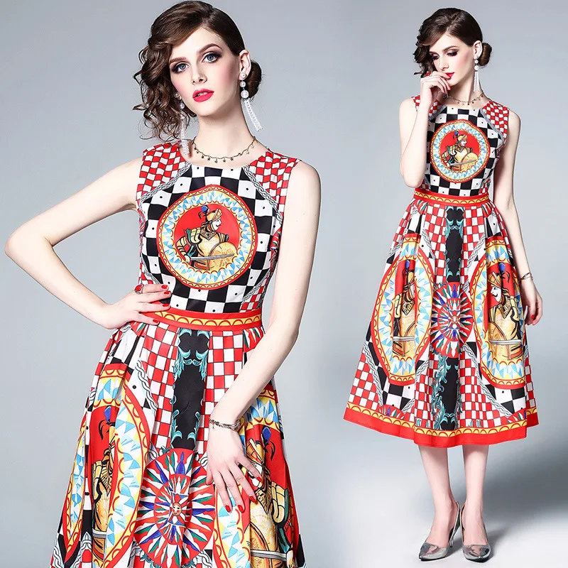 

2019 Spring And Summer New Style Europe And America WOMEN'S Dress Crew Neck Tank Dress Diamond Set Beads Printed Big Hemline Wai