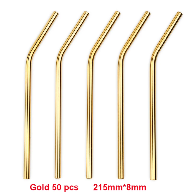 Gold 50 bent Металлическая соломинка 50 шт./лот многоразовая соломинка из нержавеющей стали E-co дружественные питьевые трубочки 215 мм* 8 мм Прямые изогнутые соломинки для напитков - Color: Gold 50 bent