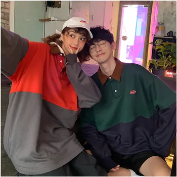 

2019 Spring And Autumn New Stitching Embroidery Korean Version Of The Lapel Men's Sweatshirt Fashion Casual Pullover Red / Green