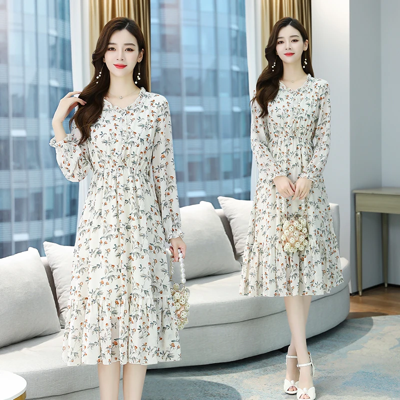 

Women Midi Chiffon Floral Dress Autumn Spring Runway 2022 Elegant Korean Long Sleeve Dress Boho Vintage Casual Party Dresses New