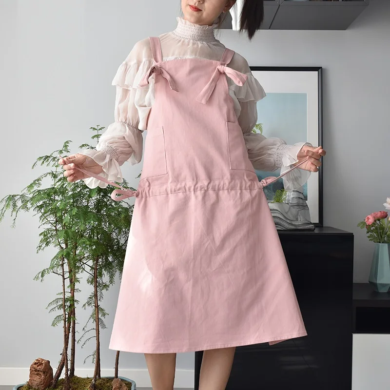 Pink Милый хлопковый передник платье принцессы с бантом фартуки для ногтей салоны и цветочный магазин Рабочий Комбинезон кухонные женские фартуки нагрудники - Color: Pink